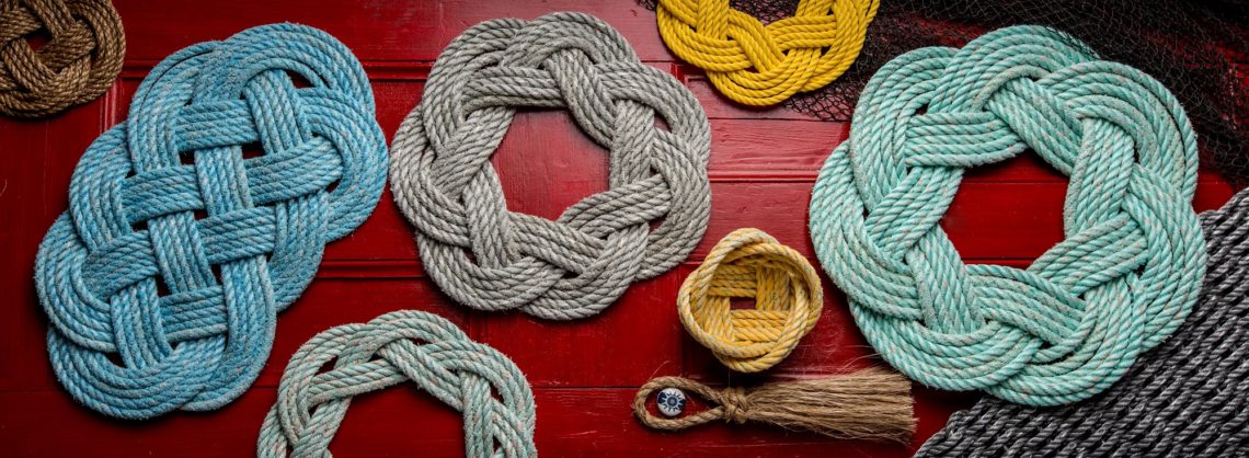 Rustic and nautical rope art from All for Know Gallery in Bay of Fundy Nova Scotia with bowls, wreaths