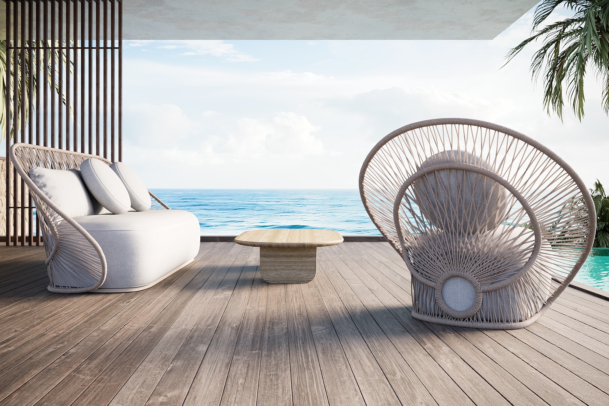 Back view of Radial rope indoor outdoor chair on seaside deck . designed by Marcel Wanders studio Maui Collection for Harbour for all season use
