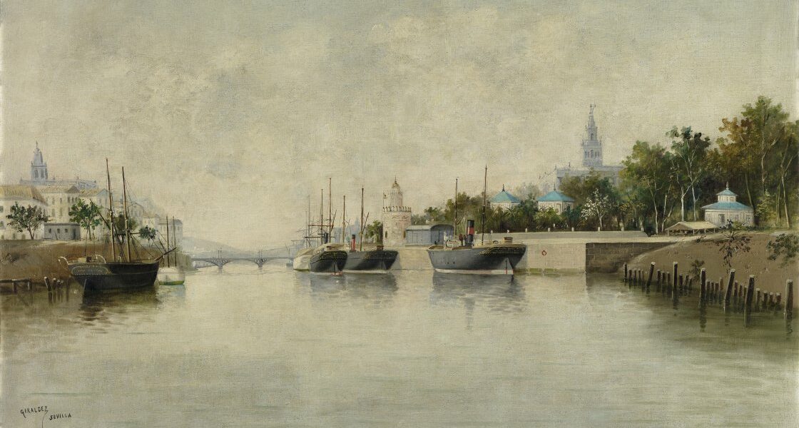 an oil panting of the Port of Seville done by Giraldez Penhslver. It shows ships lined along the shores, sails at rest. In the background are lots of man-made structures - bridges and towers etc and the cloudy sky is just beginning to let sun through.