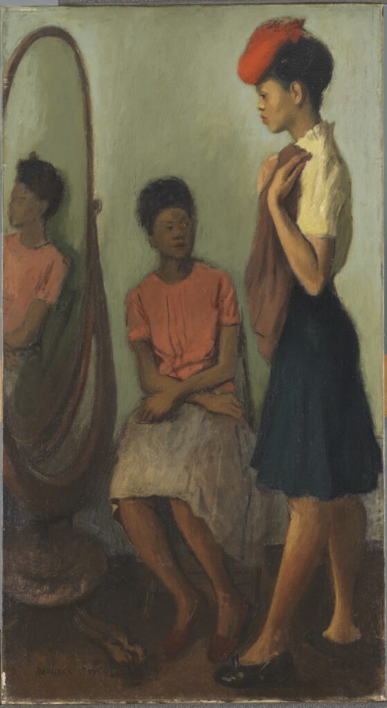 Art  called Girl with Red Hat by Raphael Sayer, circa 1940. A tall Black women looks at herself in a mirror while another women  looks on 